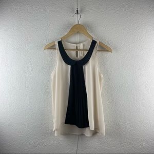 Robin-K l S Ivory Semi-Sheer Contrast Black Peter Pan Collar Pleated Tank Blouse